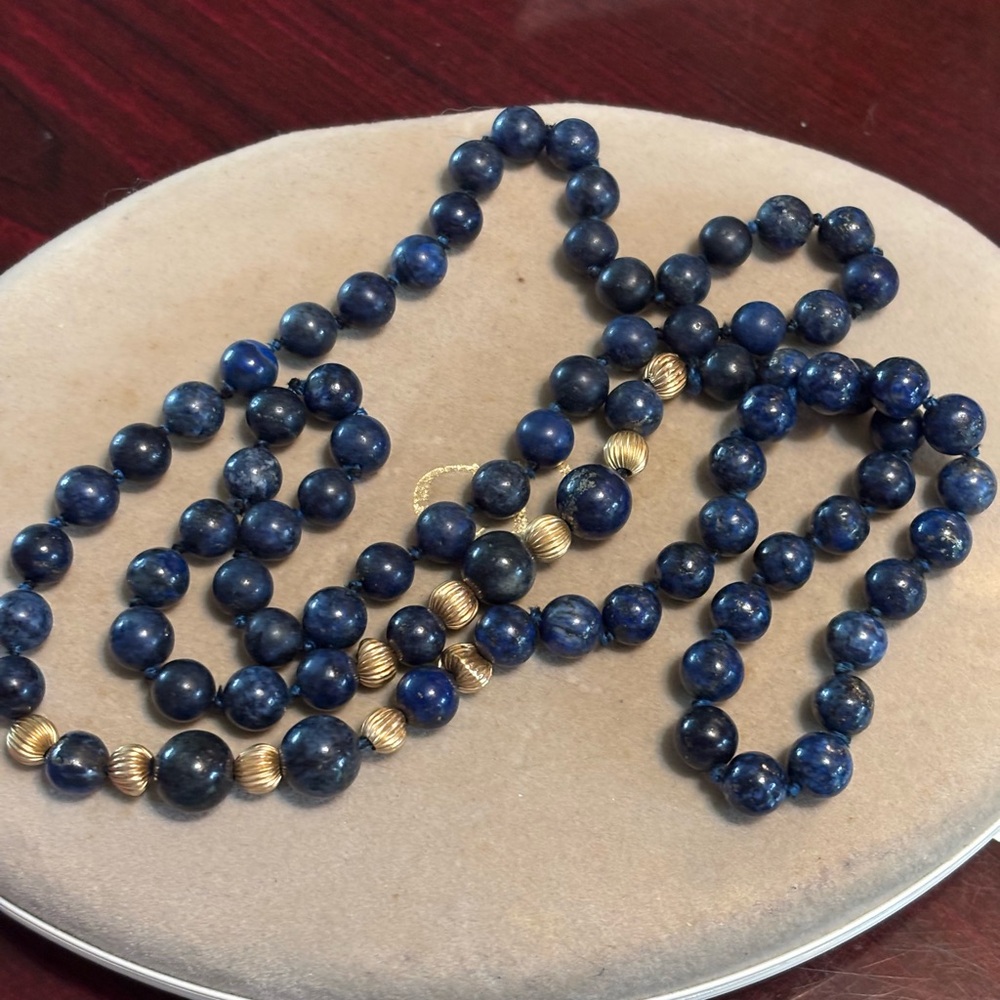 Elegant Vintage 34” lapis and 14k Gold Beaded Necklace